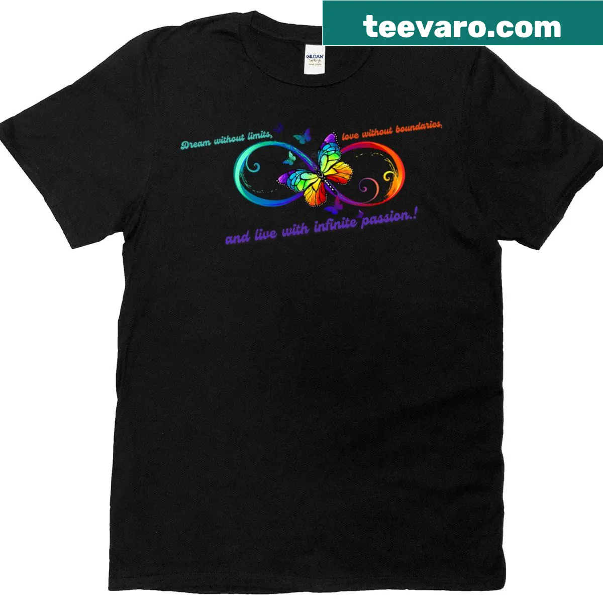 Inspirational typography shirt featuring the phrase 'Live With Infinite Passion' — on a men's t-shirt
