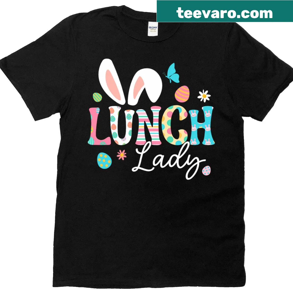 Cute Easter-themed T-shirt with a bunny and decorated eggs illustration — on a men's t-shirt