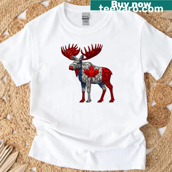 T-shirt featuring a moose with a maple leaf and Canada flag