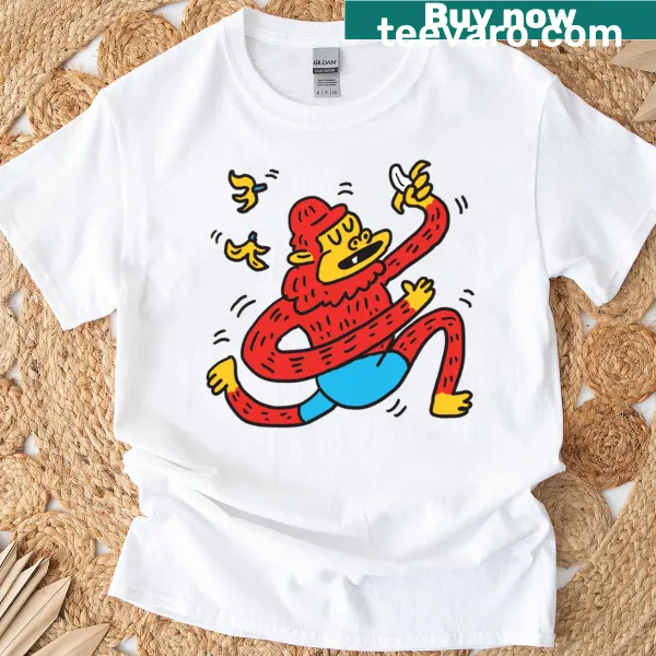 Playful illustration of a jogging monkey on a T-shirt.