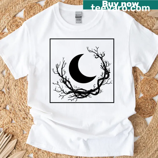 Artistic depiction of a moon and branch on a T-shirt
