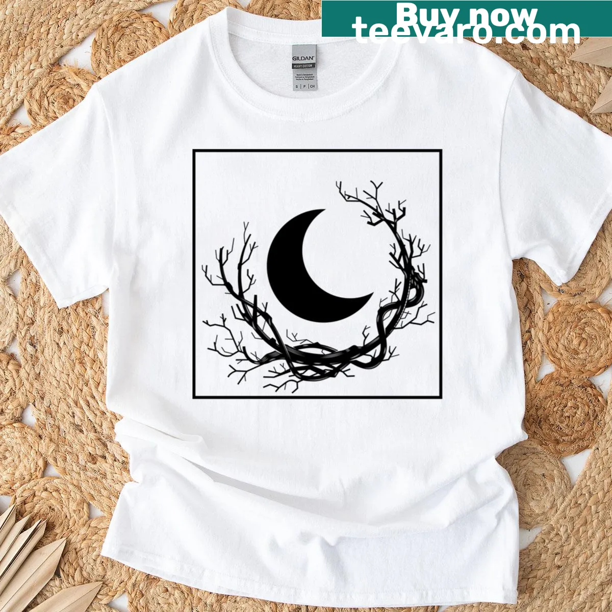 Artistic depiction of a moon and branch on a T-shirt — on a men's t-shirt