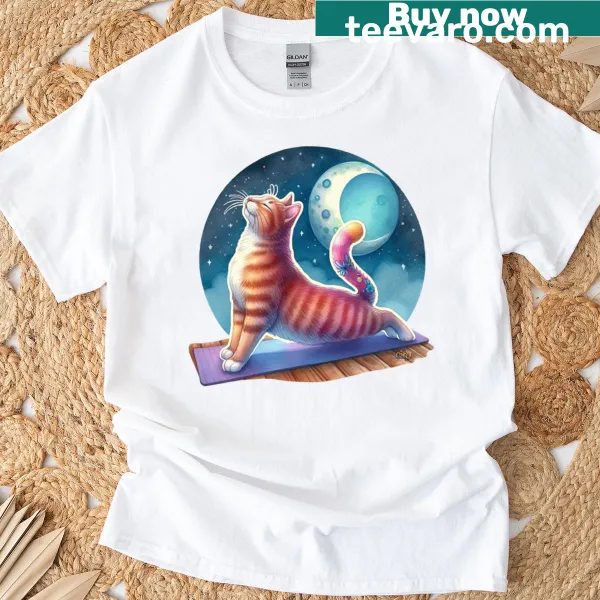 Cute illustration of a cat in a yoga pose under the moon on a T-shirt
