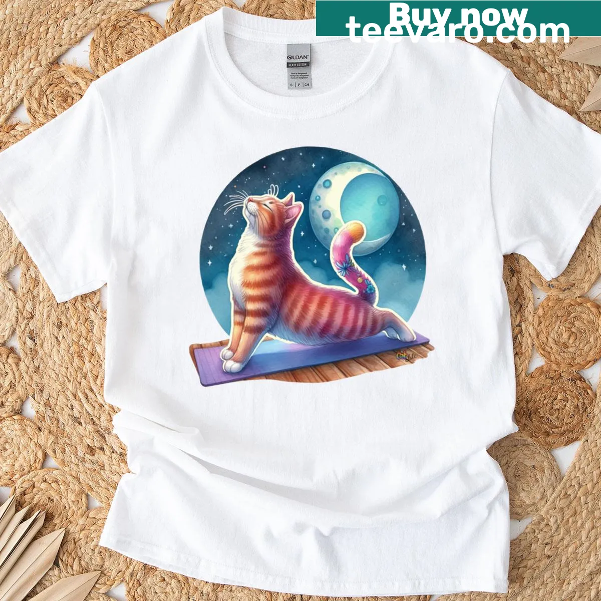 Cute illustration of a cat in a yoga pose under the moon on a T-shirt — on a men's t-shirt