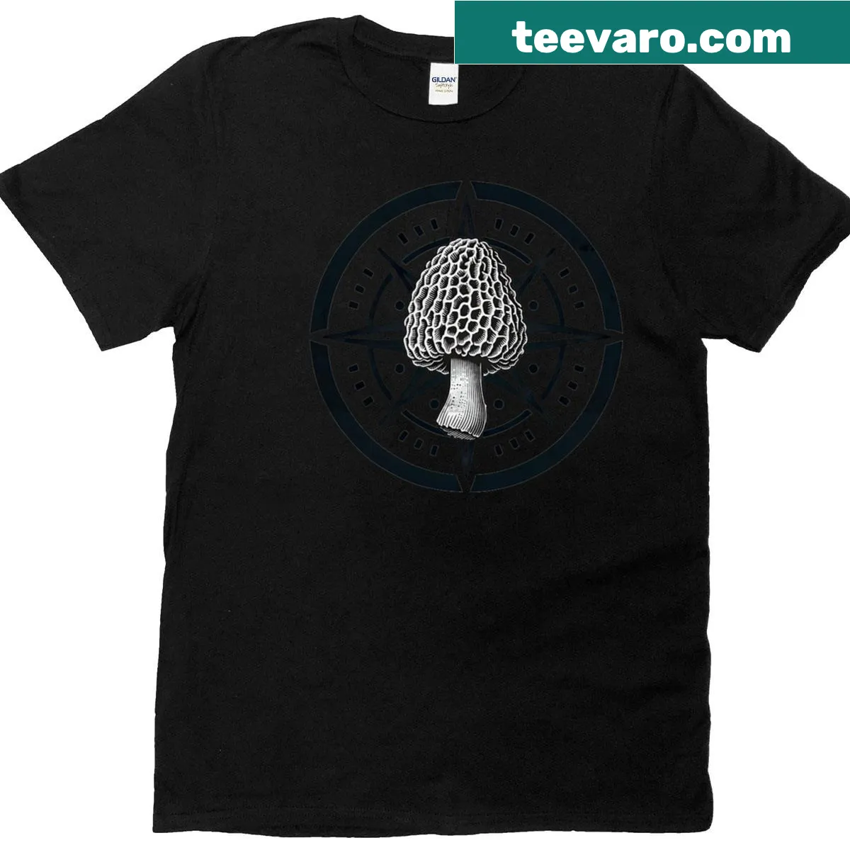 T-shirt featuring a compass and morel mushrooms illustration — on a men's t-shirt