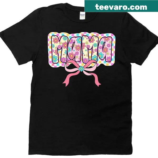 Floral bow design with 'Mama' text on a pink T-shirt