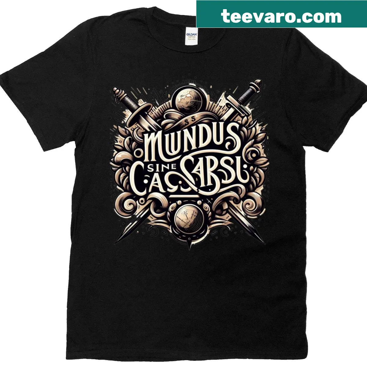 Mundus Sine Caesaribus T-shirt with textual design — on a men's t-shirt