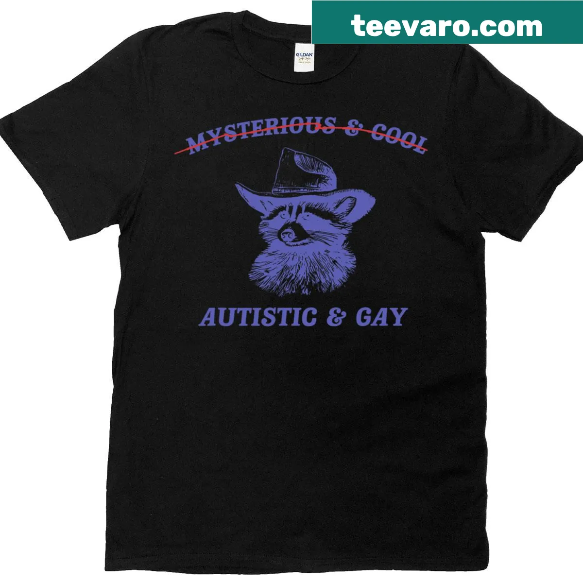 Funny raccoon meme t-shirt with playful text about autism and sexuality — on a men's t-shirt