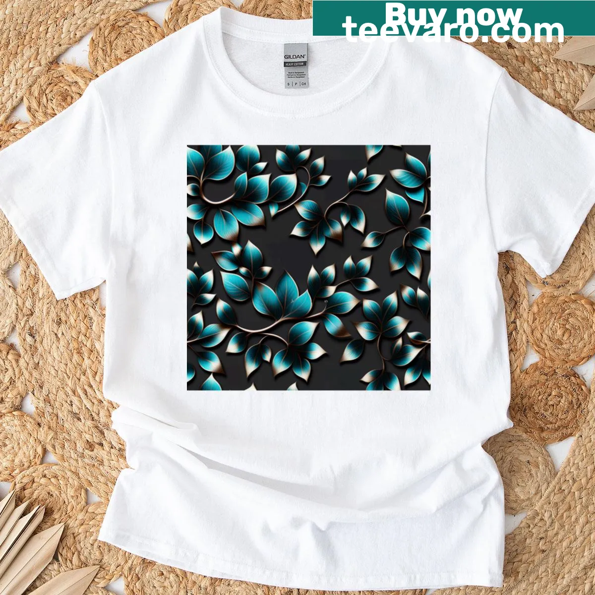 Vintage botanical t-shirt featuring mystical teal and gold vine patterns — on a men's t-shirt