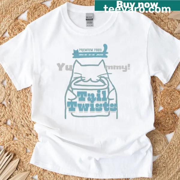 Playful illustrated cat food style T-shirt in turquoise