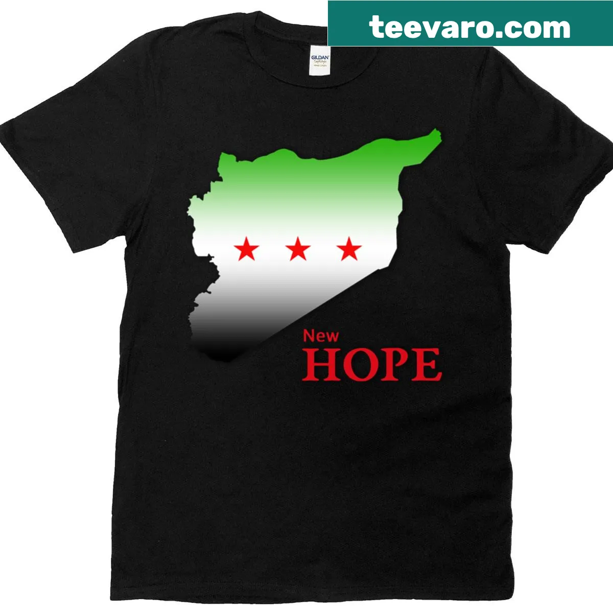 T-shirt featuring bold text expressing hope for Syria — on a men's t-shirt