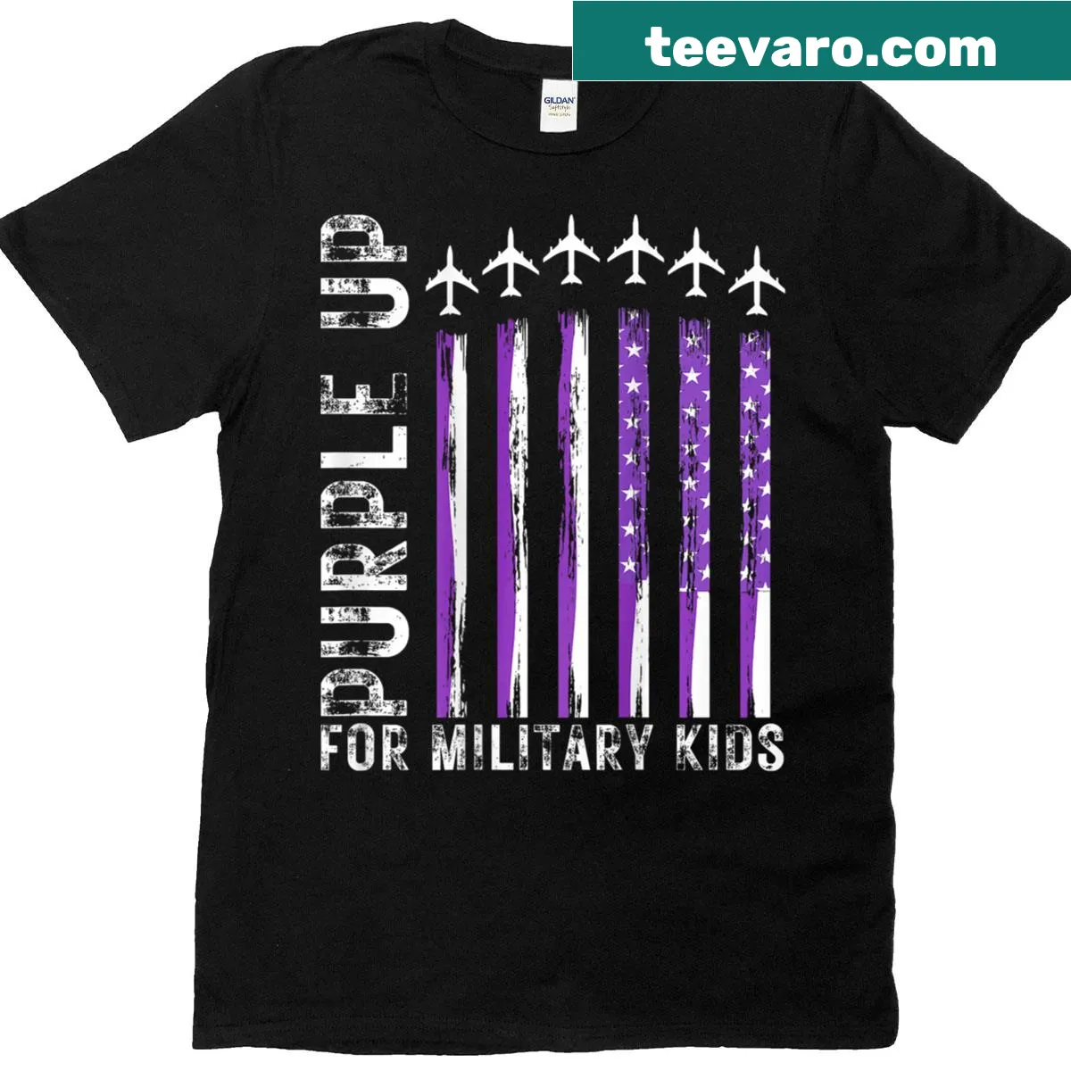 Purple Up shirt for military kids featuring flag design. — on a men's t-shirt