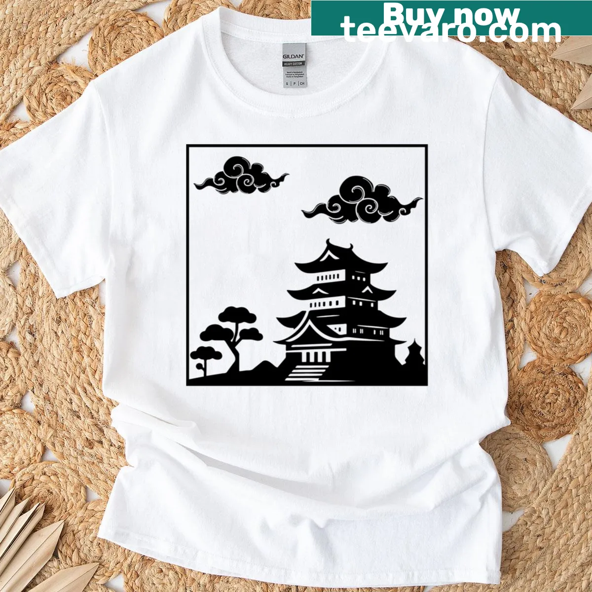 Hand-lettered design T-shirt inspired by pagoda architecture — on a men's t-shirt