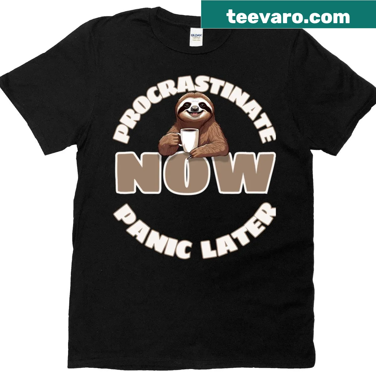 Funny T-shirt featuring a sloth and the phrase 'Procrastinate Now Panic Later' — on a men's t-shirt