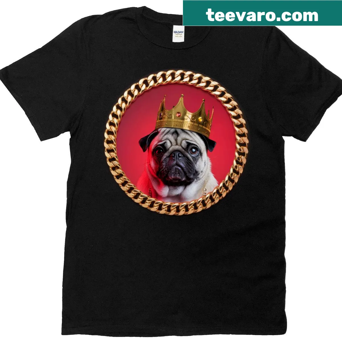 Illustration of a crowned pug with text Pug King Of New York — on a men's t-shirt