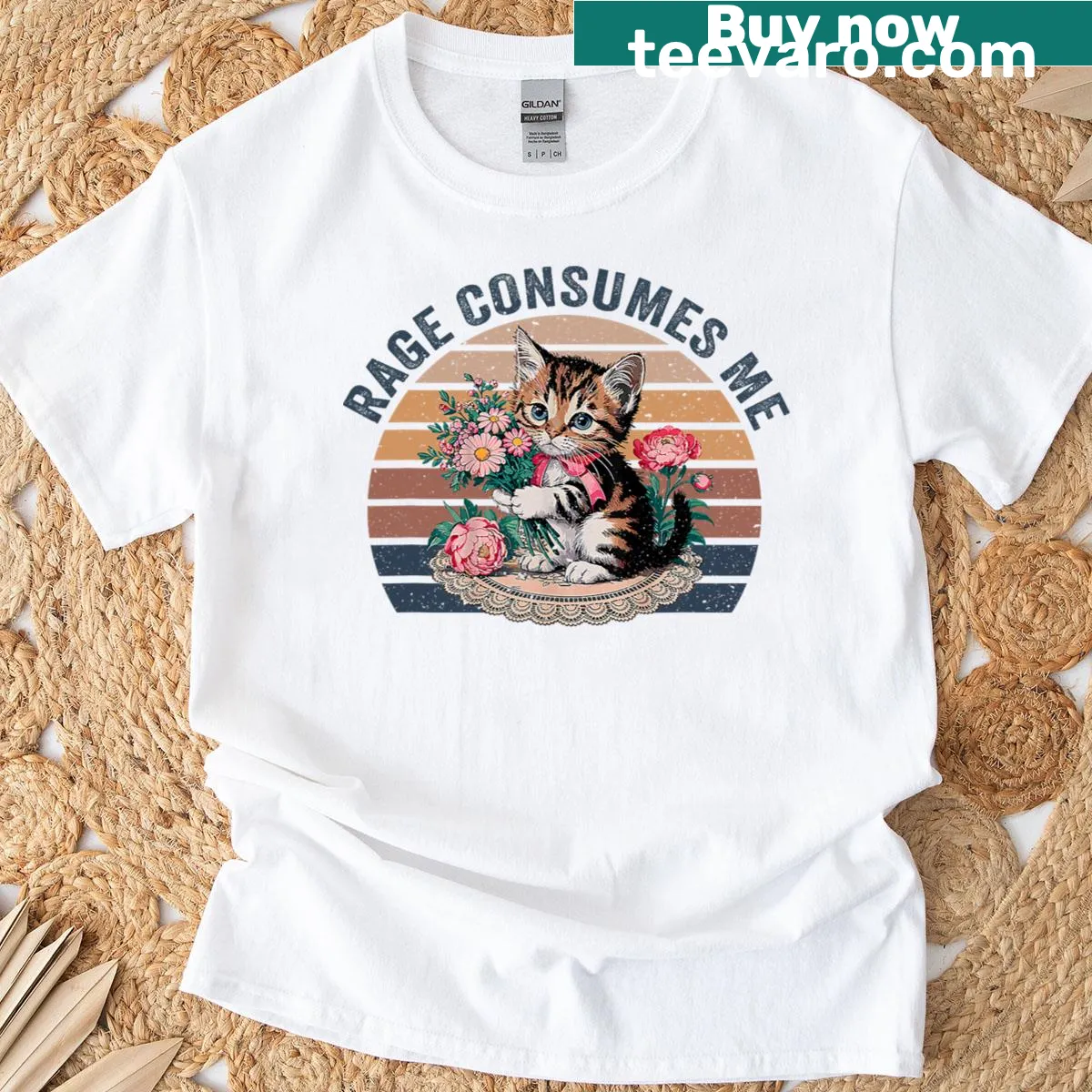 Cute kitty cat meme t-shirt with flowers and the phrase 'Rage Consumes Me' — on a men's t-shirt