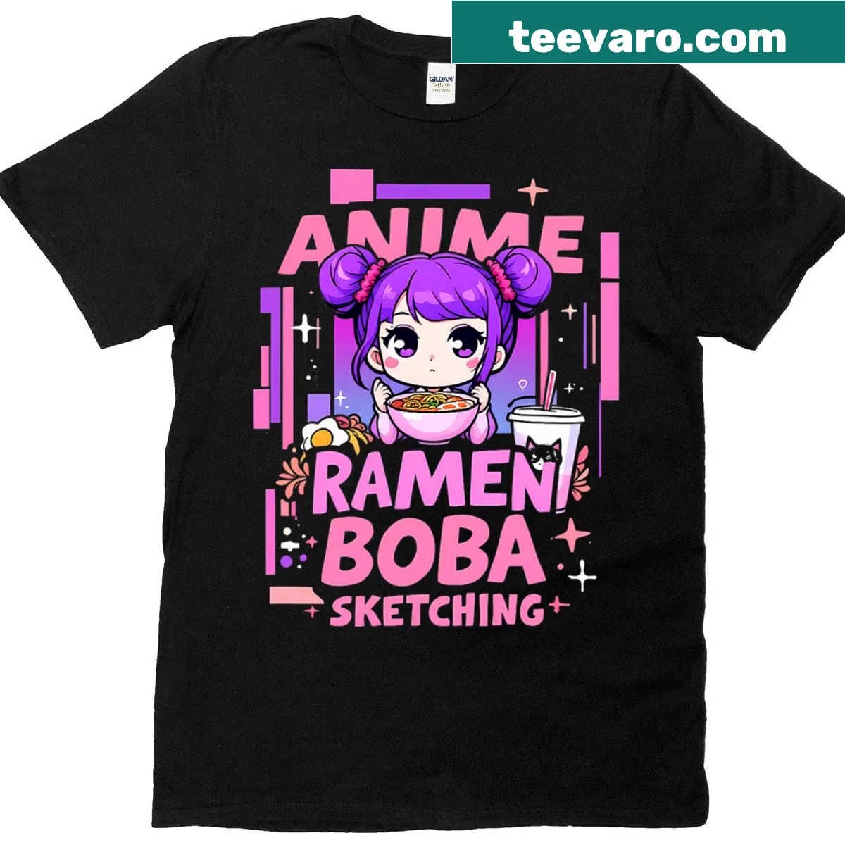 Funny T-shirt featuring ramen and boba tea cartoon design. — on a men's t-shirt