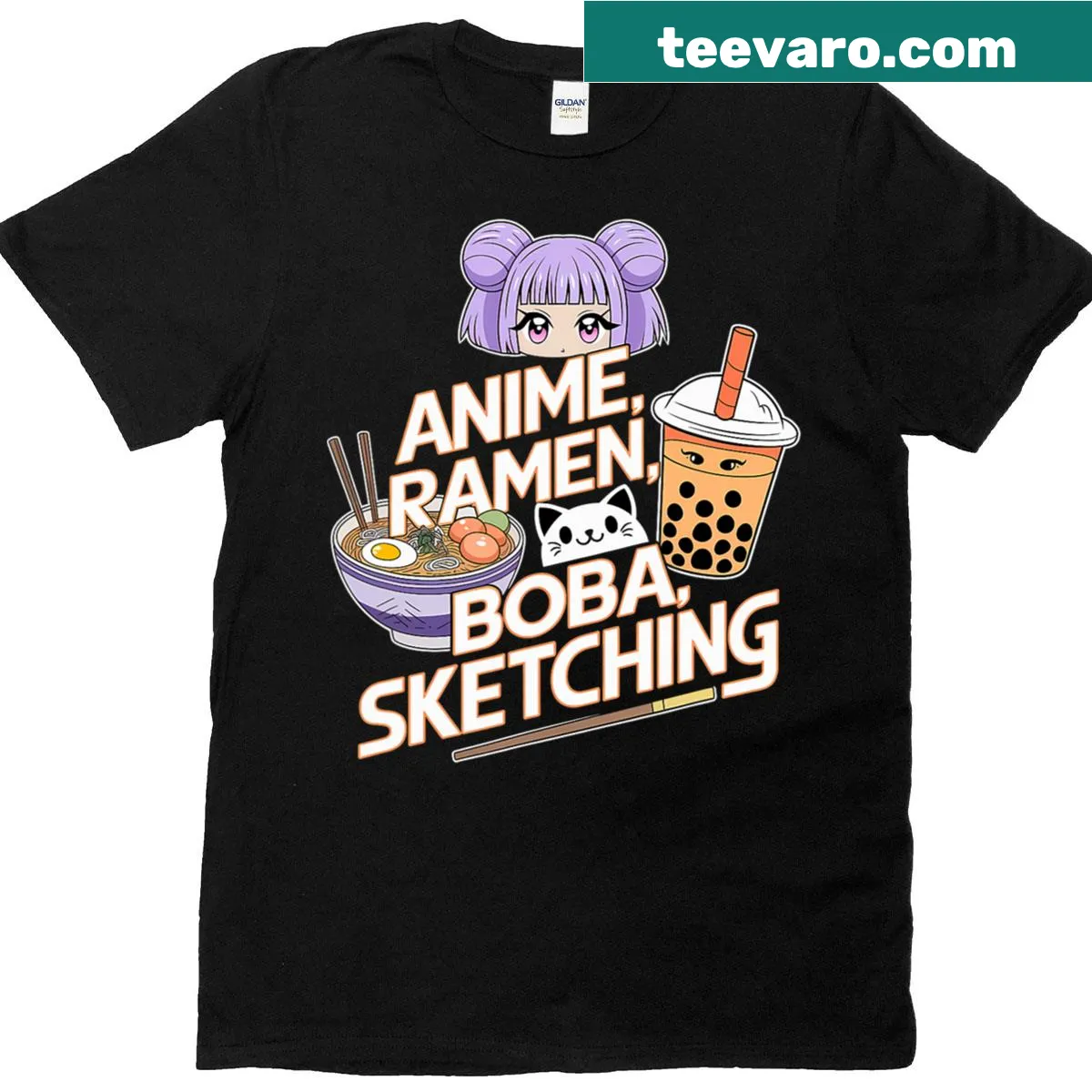 Cute cartoon graphic of ramen and boba on a t-shirt — on a men's t-shirt
