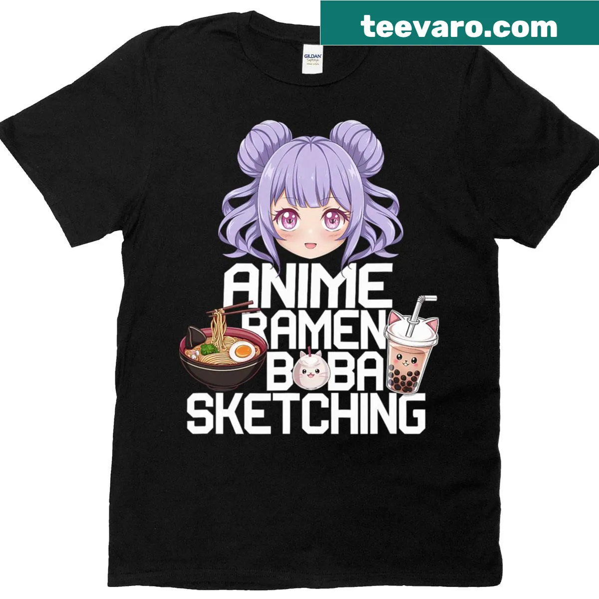 Kawaii T-shirt featuring cute ramen and boba sketches — on a men's t-shirt