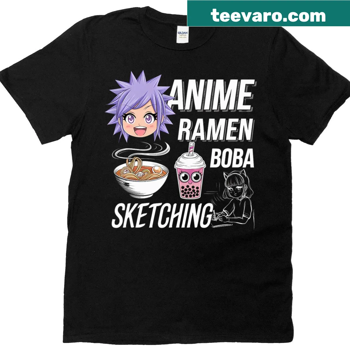 Cute cartoon ramen and boba design on a tee — on a men's t-shirt
