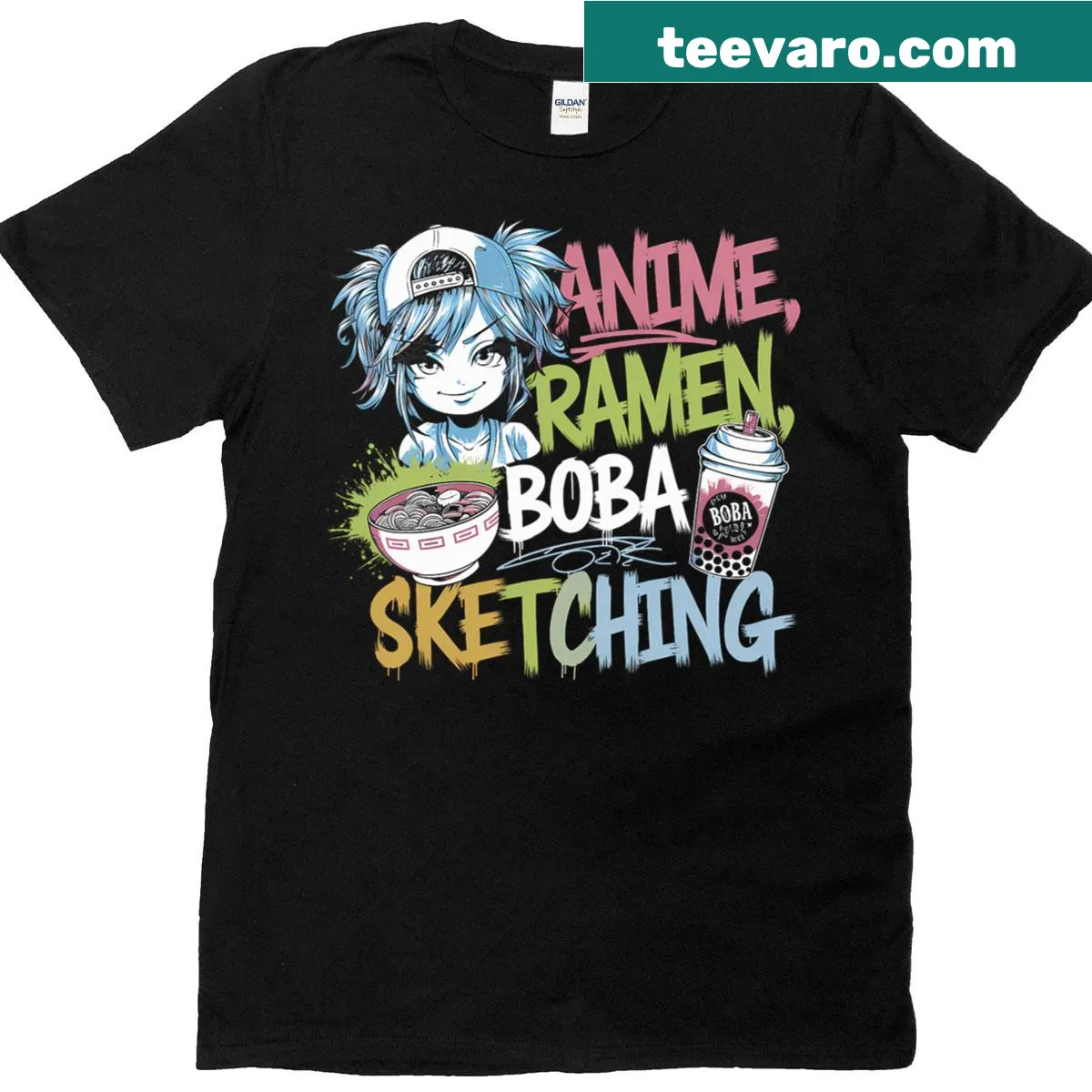 Kawaii ramen and boba cartoon sketches on a T-shirt — on a men's t-shirt
