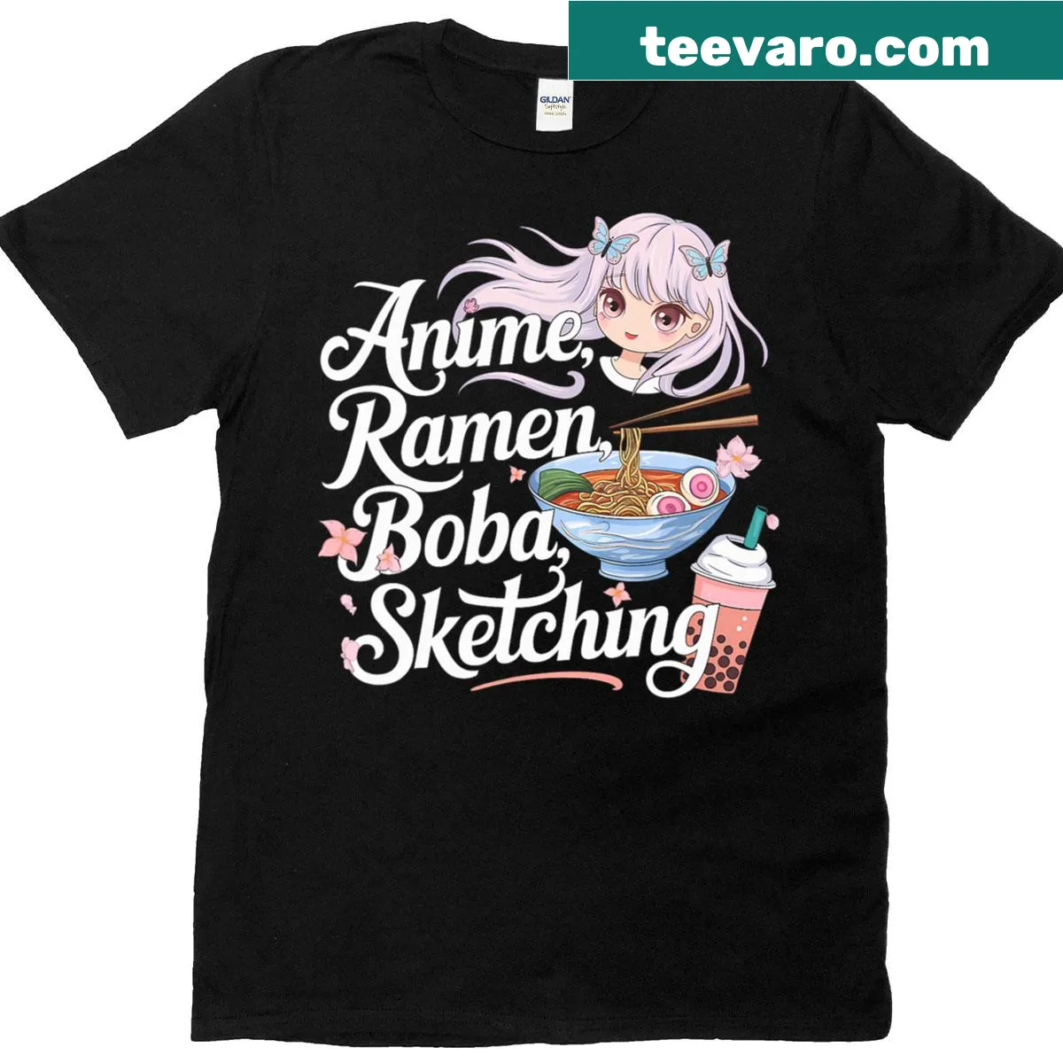Cute ramen and boba illustrations on a T-shirt — on a men's t-shirt