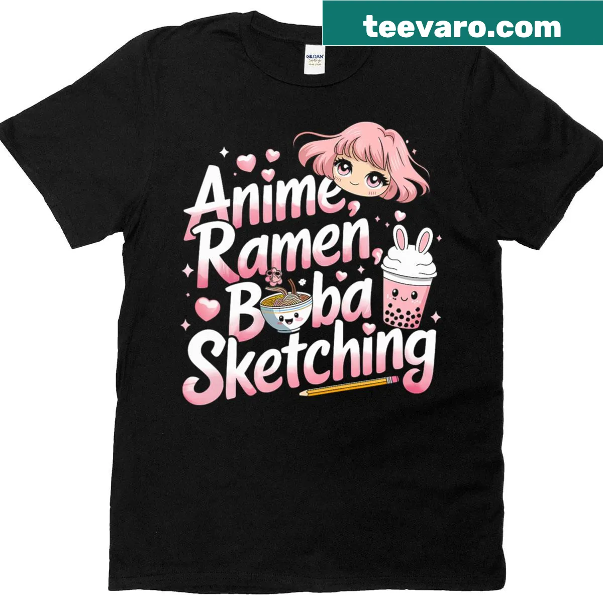 Anime-inspired T-shirt with funny ramen and boba sketches — on a men's t-shirt