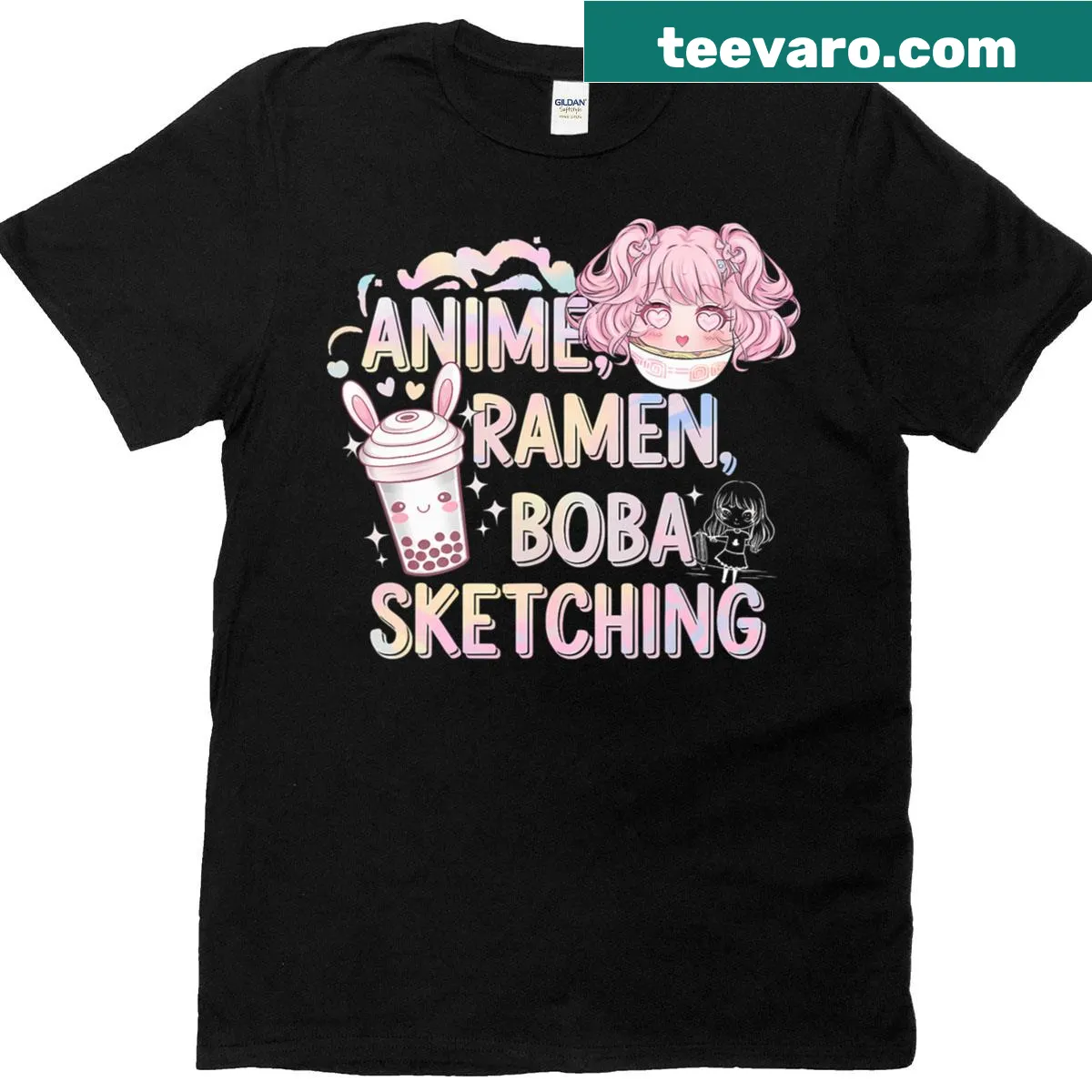 Playful ramen and boba sketches on a T-shirt — on a men's t-shirt