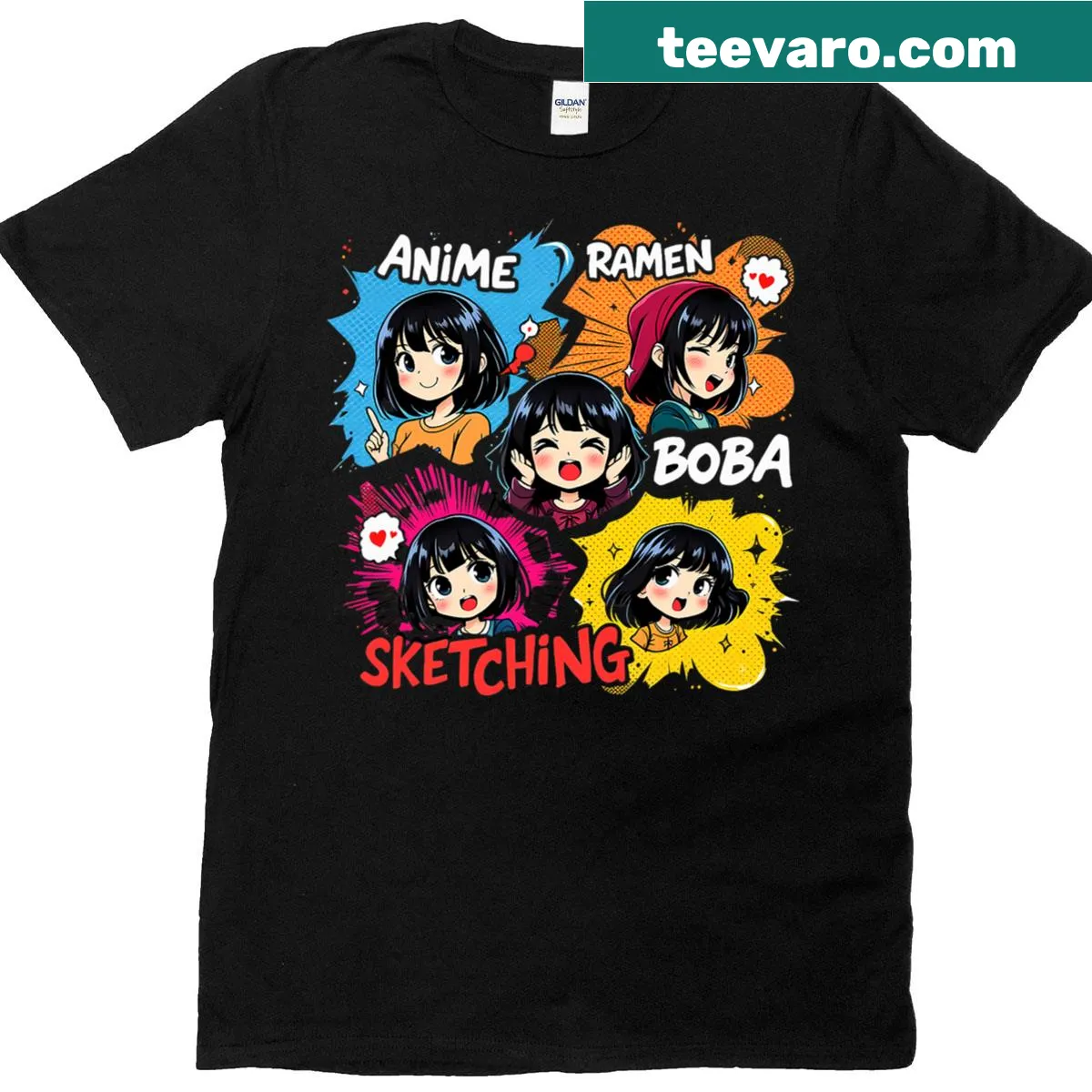 Cute ramen and boba designs on an anime T-shirt — on a men's t-shirt