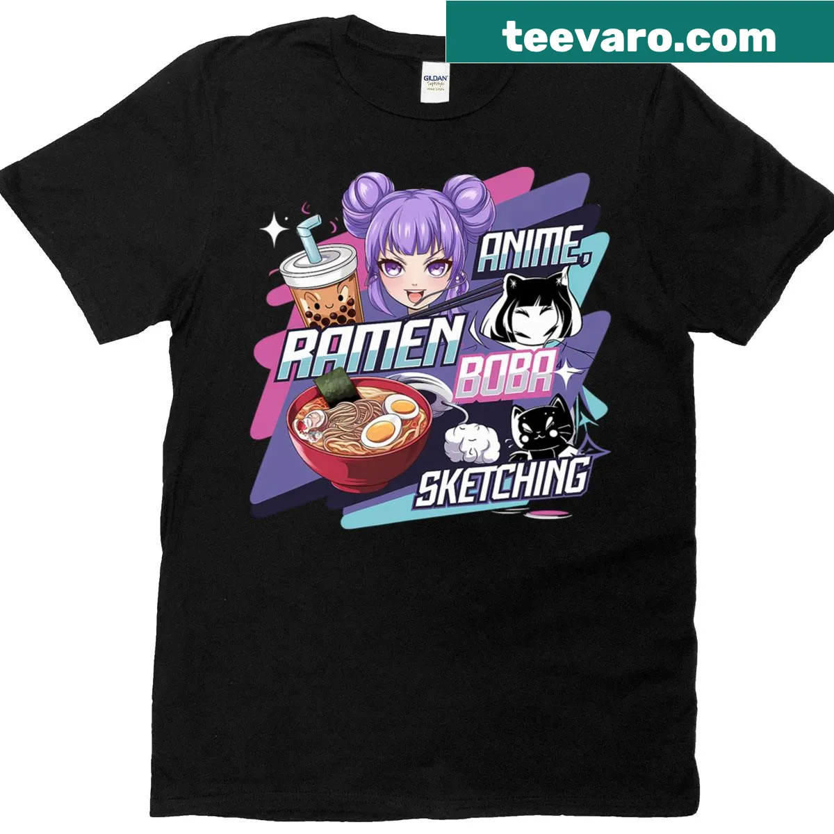 Kawaii sketch of ramen and boba in a cute cartoon design. — on a men's t-shirt