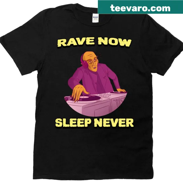 Bold text T-shirt with a rave theme about sleep.