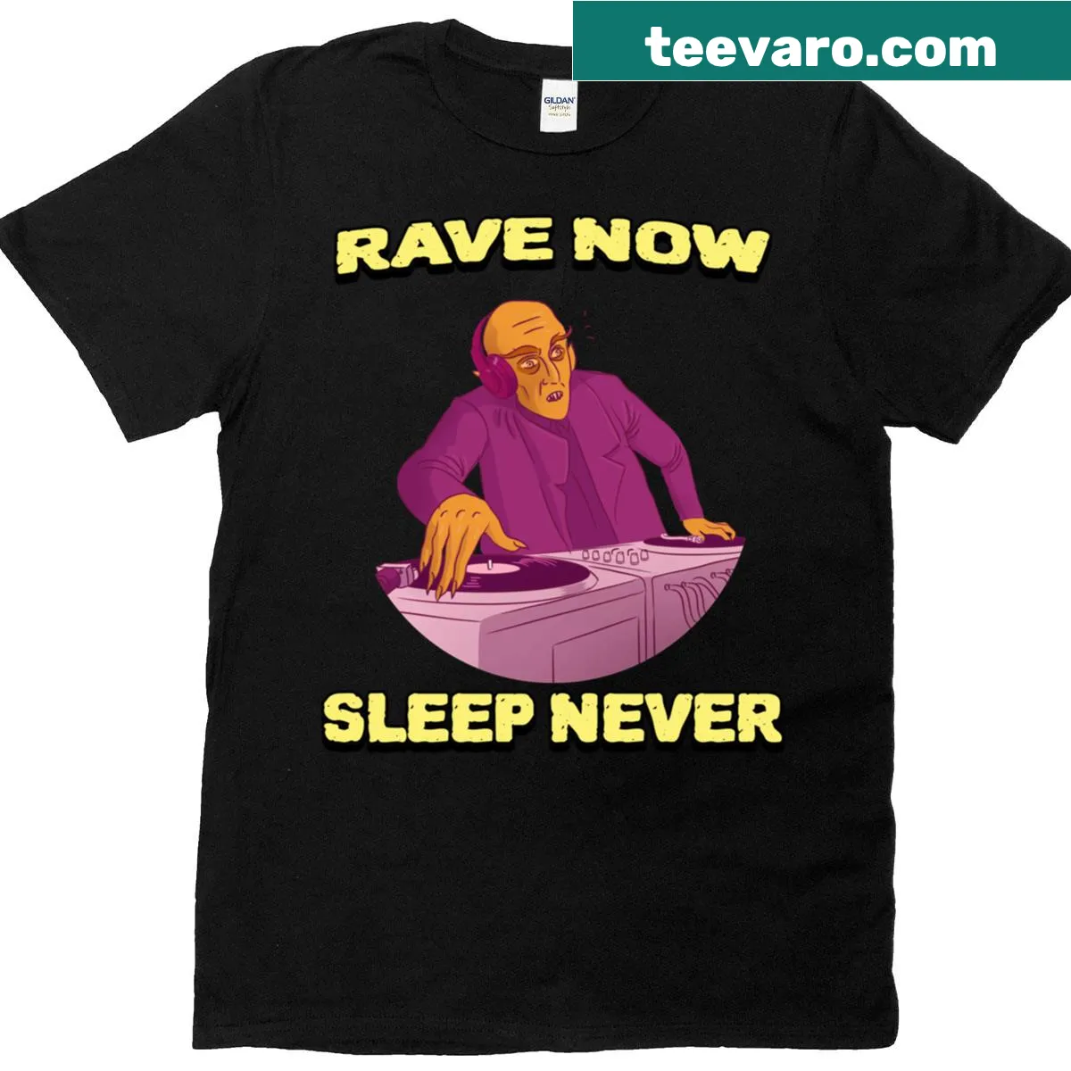 Bold text T-shirt with a rave theme about sleep. — on a men's t-shirt