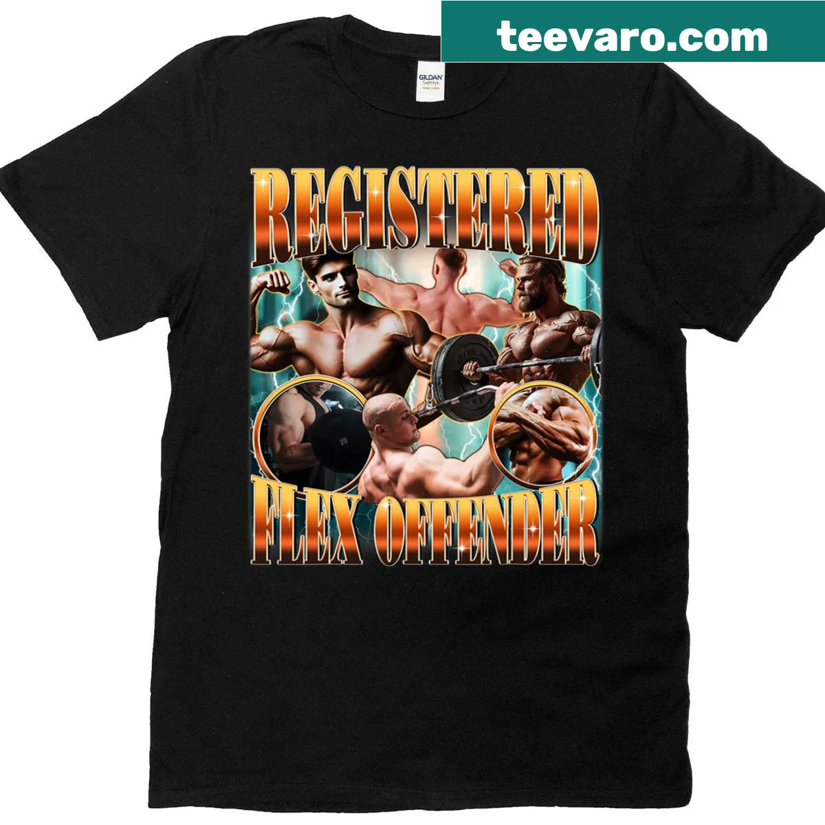 Funny gym T-shirt with text about being a flex offender. — on a men's t-shirt