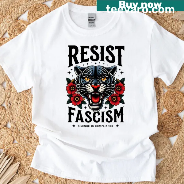 Vintage floral graphic featuring a black cat with Resist Fascism text