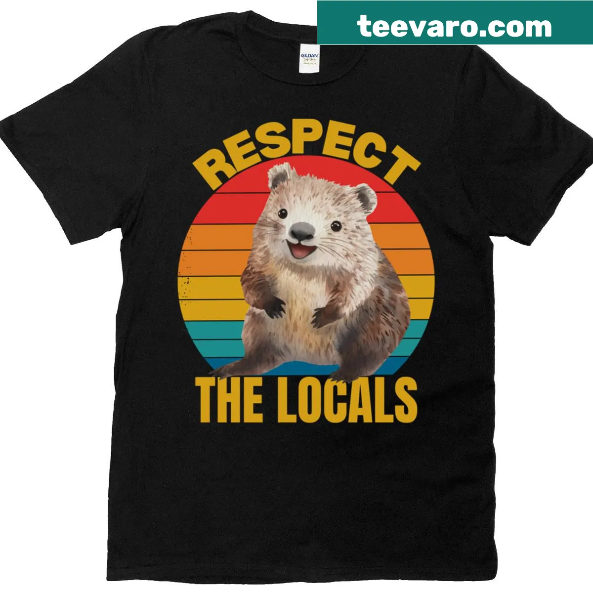 Funny wombat t-shirt with the phrase 'Respect The Locals' — on a men's t-shirt