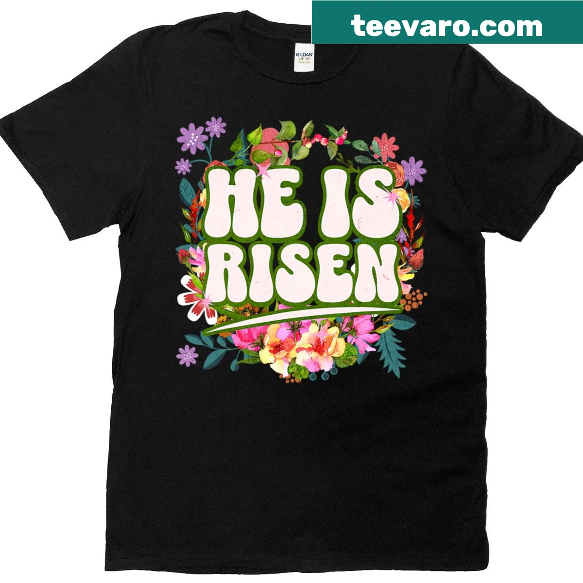 Easter-themed T-shirt with He Is Risen text in retro style — on a men's t-shirt
