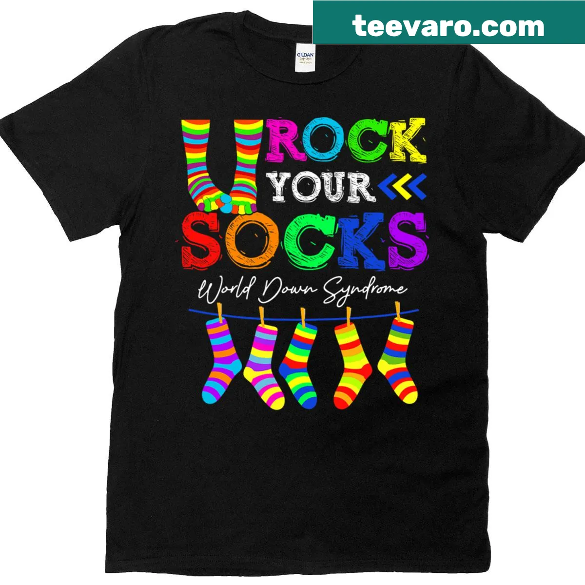 Illustrated socks on a Down Syndrome awareness T-shirt for kids — on a men's t-shirt