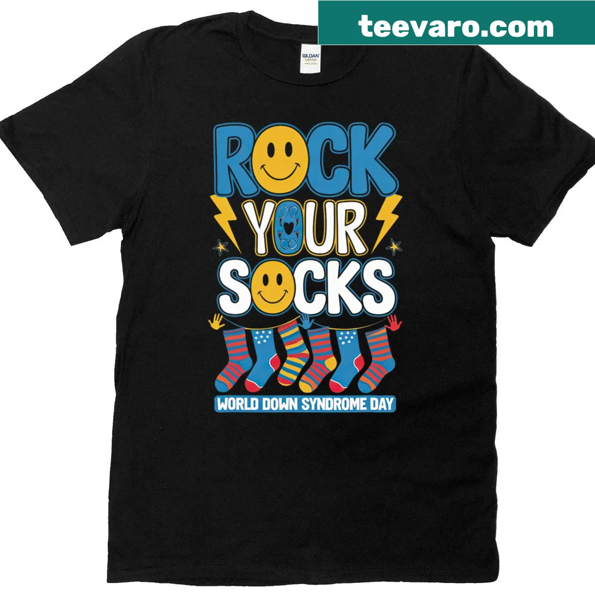 T-shirt with Rock Your Socks World text — on a men's t-shirt