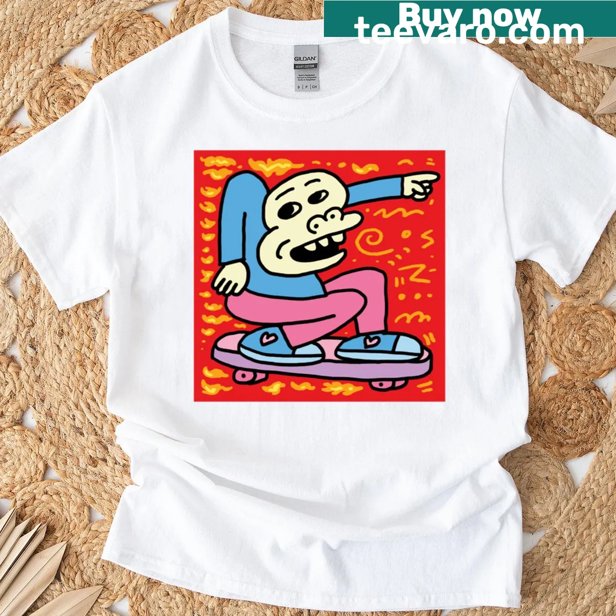 Whimsical skeleton skating design on T-shirt — on a men's t-shirt