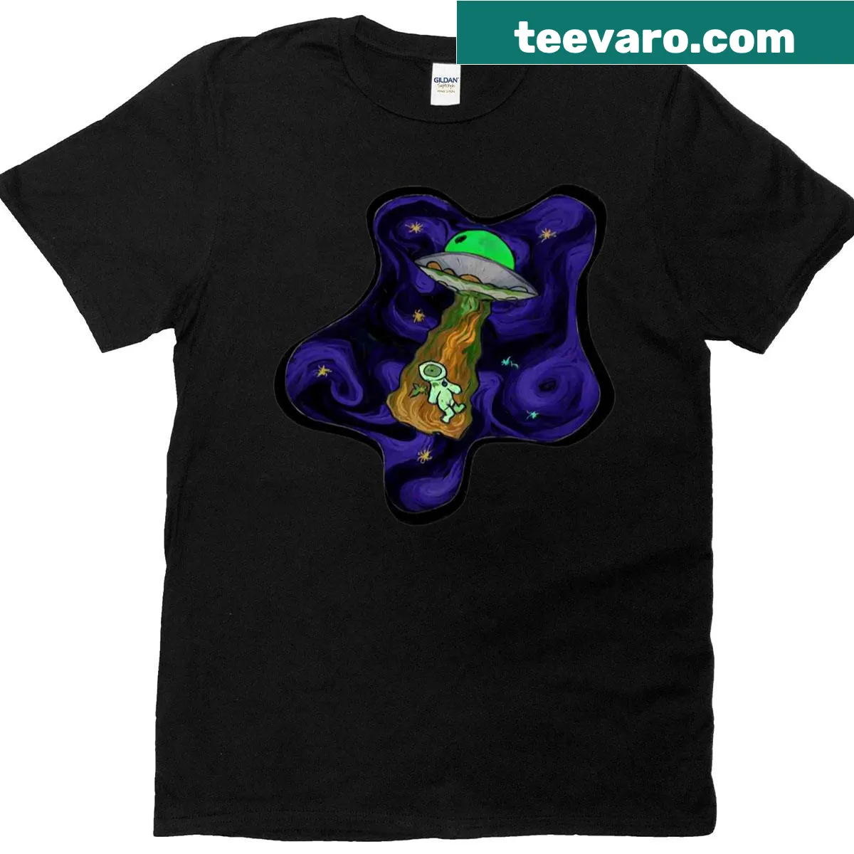Space-themed graphic illustration on T-shirt — on a men's t-shirt