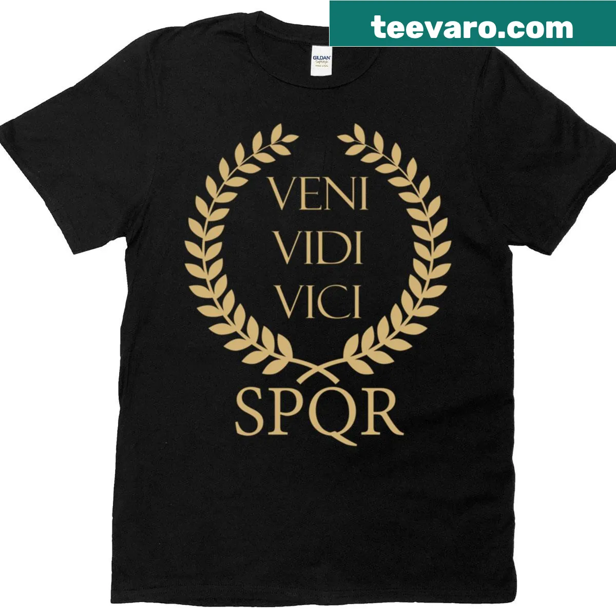 Inspirational text T-shirt featuring 'Veni Vidi Vici' — on a men's t-shirt