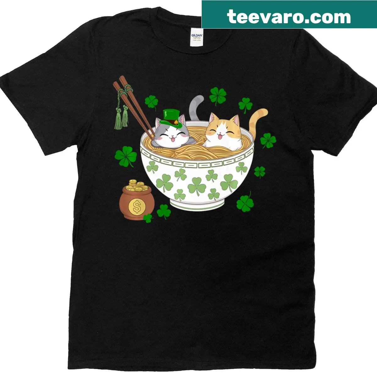 Cute St. Patrick's Day tee with anime girls, shamrocks, and ramen — on a men's t-shirt