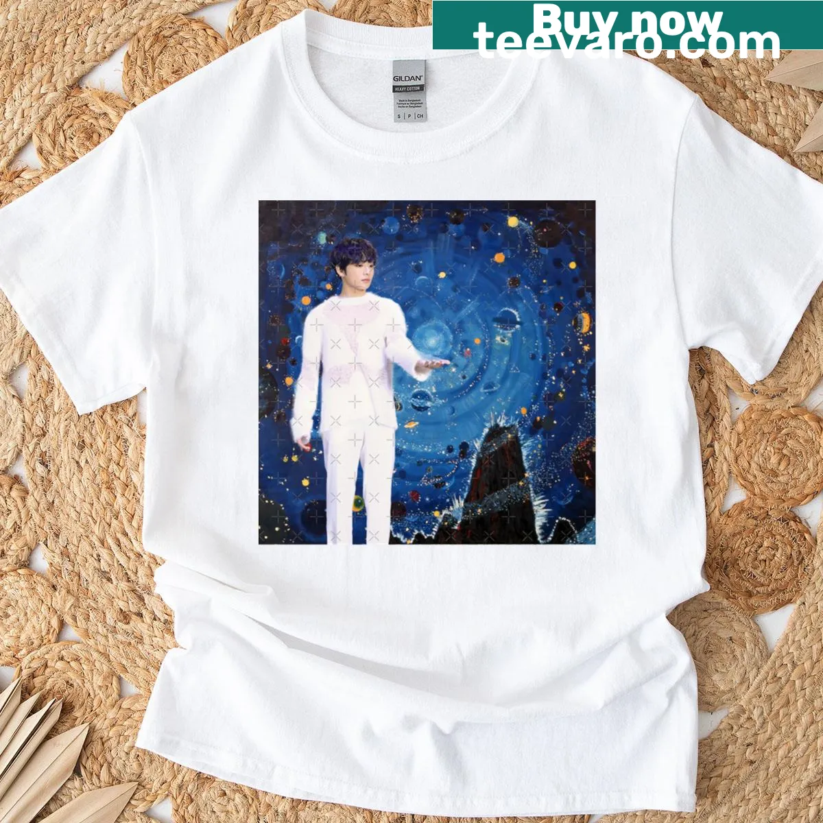 Realistic starry sky graphic t-shirt design — on a men's t-shirt