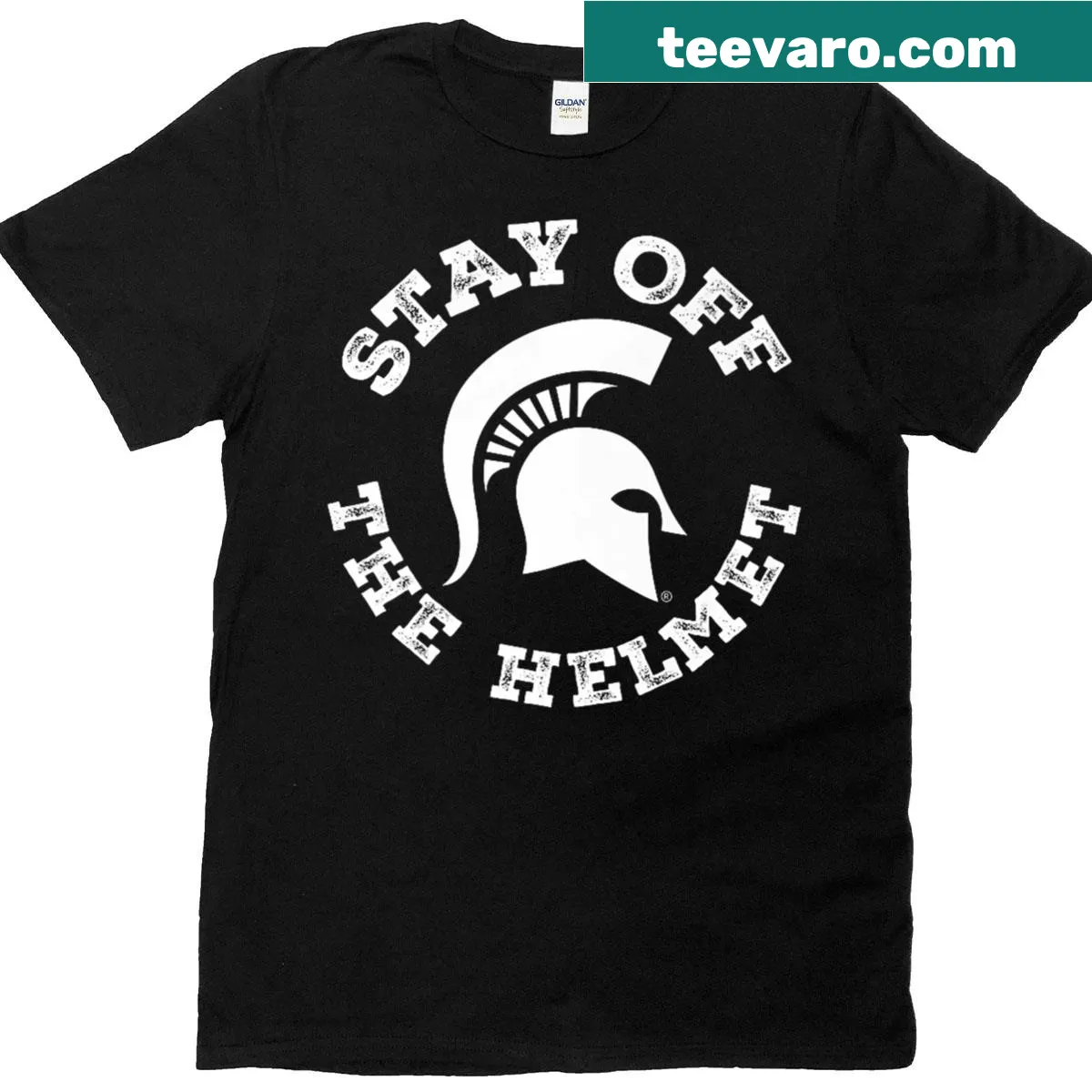 Michigan State Spartans basketball tee with 'Stay Off The Helmet' text — on a men's t-shirt