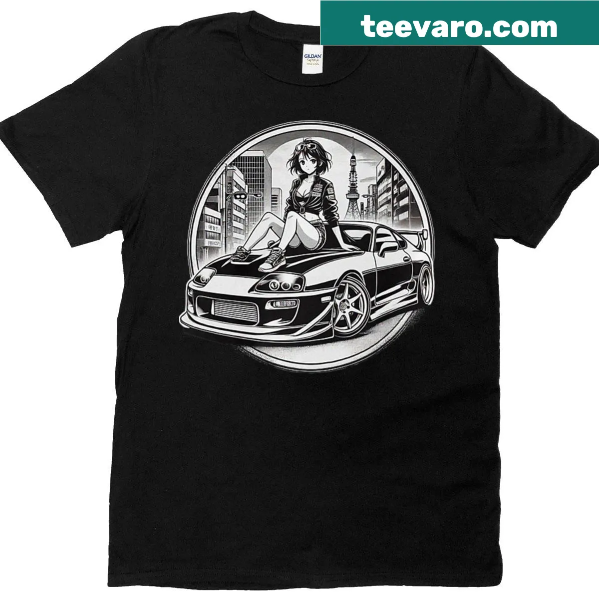 Anime girl graphic with a supra car on a stylish t-shirt — on a men's t-shirt