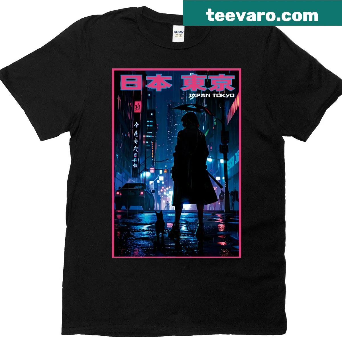 Anime cityscape travel poster t-shirt featuring Tokyo — on a men's t-shirt