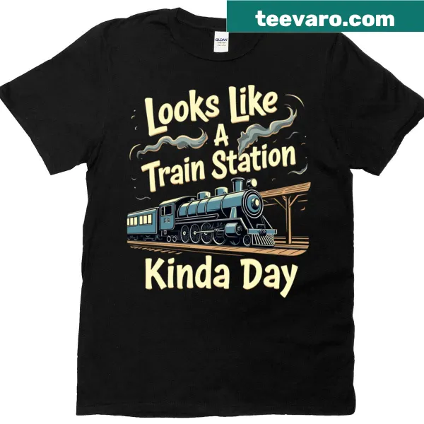 Illustration of a classic locomotive on a travel-themed T-shirt.