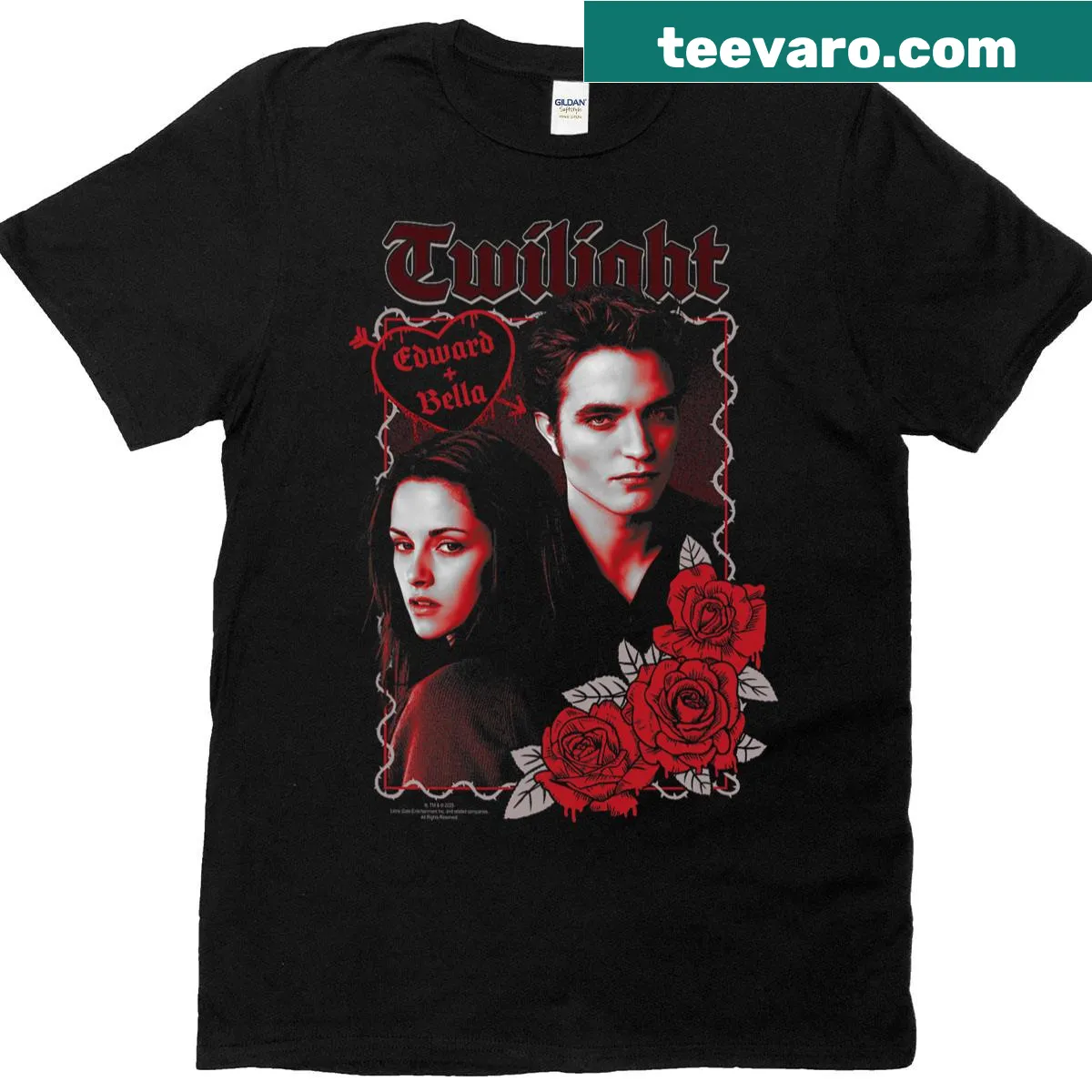 Edward and Bella's love with roses featured on Twilight Saga T-shirt. — on a men's t-shirt