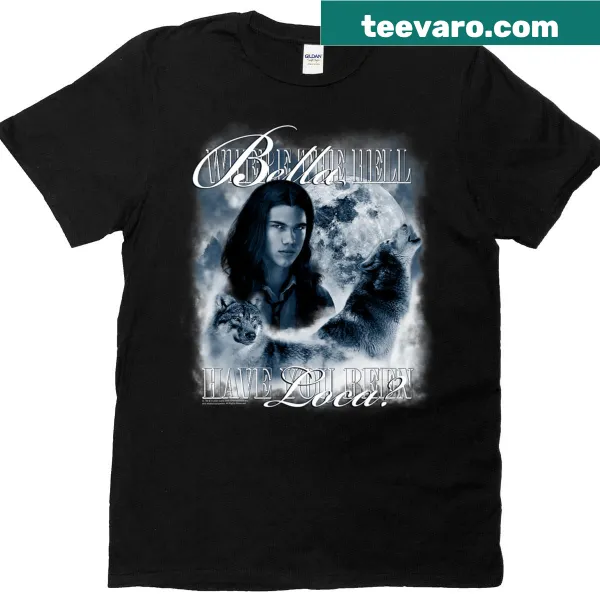 Retro illustration of Jacob Black as a wolf with the moon from Twilight