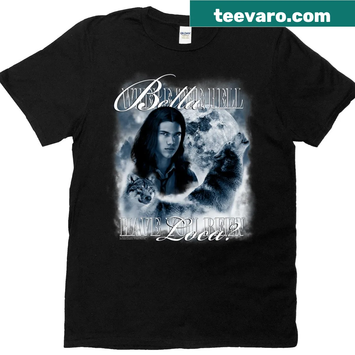 Retro illustration of Jacob Black as a wolf with the moon from Twilight — on a men's t-shirt